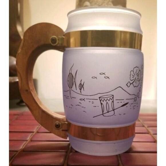 Vintage MCM Blue Siesta Ware Frosted Hawaiian Polynesian Tiki Mug Wood Handle 5" - Picture 2 of 3